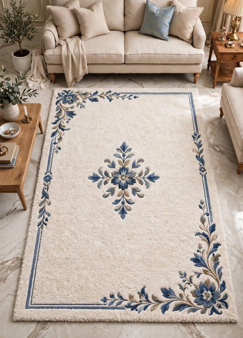 Floyd Home Rug Cream and Navy Floral Wool Rug | Hand Tufted Botanical Area Rug With ...