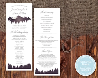 Printable Tree line & Mountain Wedding Program in Merlot Purple, Tall Program Card, Order of Ceremony, Small Wedding and Custom Color option