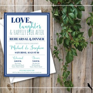 Invitación a la cena de ensayo imprimible - Invitación a la cena de ensayo de boda - Risa de amor felices para siempre - Azul marino, turquesa