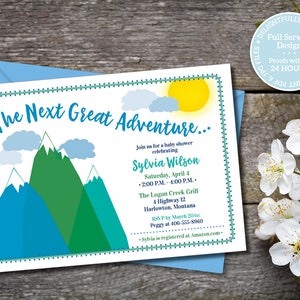Printable Baby Shower Invitation Next Great Adventure Mountain Baby Shower Invitation in  Blue, Green and teal for Gender Neutral Invitation