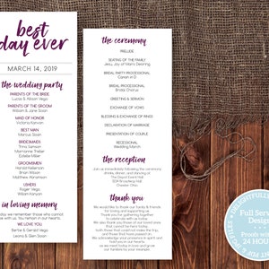May include: Two wedding program cards with a rustic theme. The left card has the text "best day ever" and wedding details. The right card lists the ceremony and reception details. The background is a wooden surface.