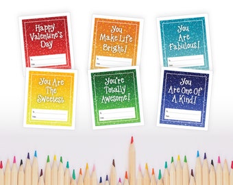 May include: Six vibrant gift cards with messages like "You Make Life Bright!" and "You're Totally Awesome!" Each card has a white border and space for "To" and "From." A row of coloured pencils is at the bottom, adding a playful touch.