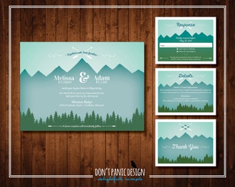 Printable Wedding Invitation in Greens with Mountain Range and Tree Line Silhouette for a Nature Inspired or Outdoor Wedding - Custom Colors