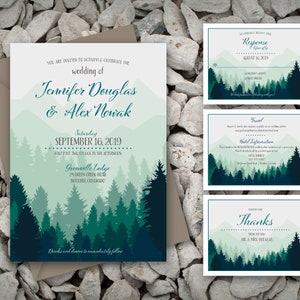 Printable Wedding Invitation in Greens with Mountain and Tree Silhouettes for a Woods, Mountain, or Nature inspired wedding - Custom colors