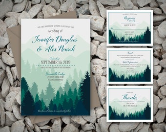 Printable Wedding Invitation in Greens with Mountain and Tree Silhouettes for a Woods, Mountain, or Nature inspired wedding - Custom colors
