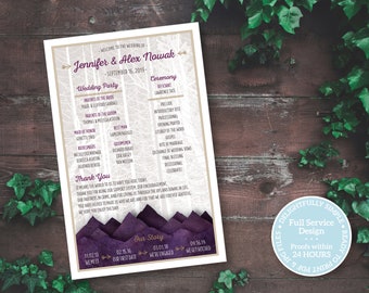Printable Mountain Wedding Program Card with Forest & Purple Mountain Silhouette, Short Ceremony, Small Wedding Party, and Our Story Section