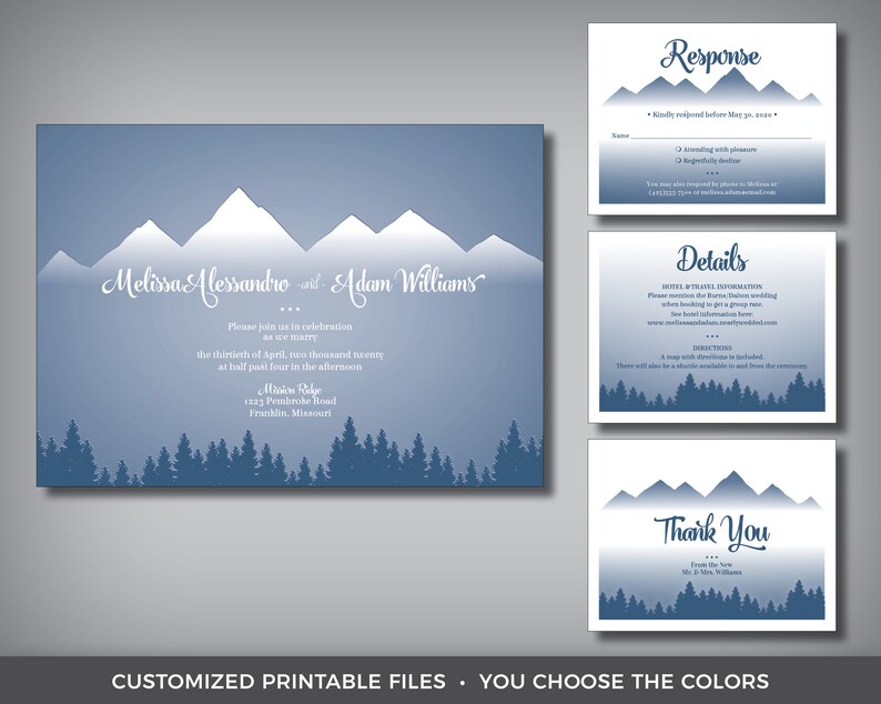 Puede incluir: Conjunto de invitaciones de boda con un dise&ntilde;o de monta&ntilde;a y bosque en tonos azules. La invitaci&oacute;n incluye los nombres Melissa Alessandro y Adam Williams, detalles del evento y tarjetas de respuesta, detalles y agradecimiento.