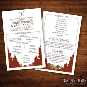 Puede incluir: Programa de boda de dos páginas con un diseño rústico. La página izquierda enumera la fiesta de bodas, incluido el oficiante, los padres y la comitiva nupcial. La página derecha detalla el orden de la ceremonia, con un mensaje de agradecimiento.