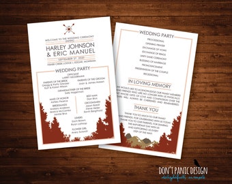 Printable, Rustic, Mountain Wedding Program with compass monogram in Rust Red and Taupe Brown for Order of Service Card or Short Ceremony