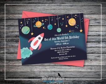 May include: An invitation with an outer space theme. The design features a rocket ship, planets, and stars against a dark blue background. The text reads "Out of this World 5th Birthday" with event details. A coral envelope is behind the invitation.