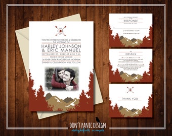 Printable Modern Mountain Wedding Invitation - Brown, Rust, Arrow Monogram Outdoor Wedding - Tree, Nature Wedding Invitation - Custom Colors