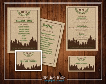Printable Tree Line Reception Stationery in Kraft Brown, Green & Brown - Program, Menu, Place Cards, Table Numbers, Welcome Sign, Thank You