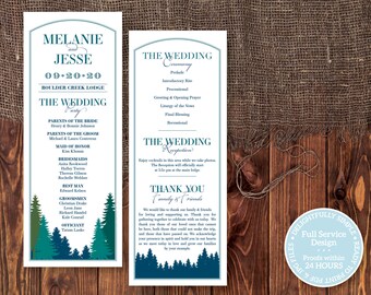 Printable Tree line Wedding Program in Turquoise and Blue, for Tall Program Card, Order of Ceremony, Small Wedding with Custom Color option