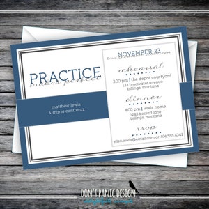 Simple Modern Rehearsal Dinner Invitation - Practice Makes Perfect Wedding Rehearsal Invitation - Slate Blue & Gray Custom Color Printable