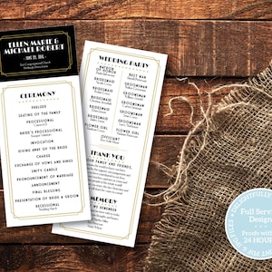 May include: Two wedding programs with gold and black Art Deco style borders. The programs list the ceremony details, wedding party, and thank you notes. The programs are on a wooden surface with a burlap cloth.