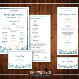 Peut inclure: Ensemble de papeterie de mariage avec un motif de montagne et de soleil en bleu sarcelle et or. Comprend une invitation, l'ordre des événements, une carte de remerciement et un menu. Les noms Emma & Daniel Morrisson sont présents.