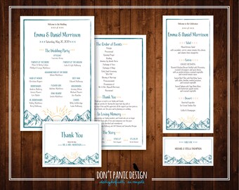 Printable Mountain Wedding Reception Stationery with Rising Sun, Teal & Yellow Gold - Program, Menu, Place Cards, Table Numbers, Thank You