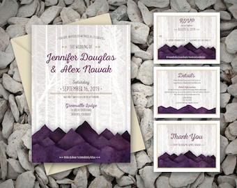 Printable Tree Silhouette and Purple Mountain Wedding Invitation Suite with Sweet, Rustic design for an Outdoor, Mountain or Barn Wedding