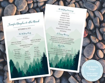 Printable, Mountain & Tree Silhouette Wedding Program in Turquoise Greens, Order of Service Card for Small wedding or Short Ceremony