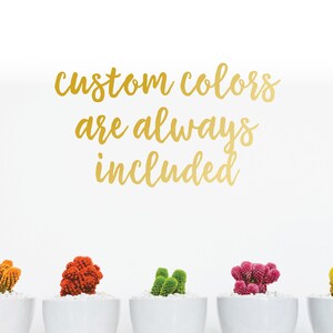 Puede incluir: Una fila de peque&ntilde;os cactus en macetas blancas, cada uno de un color diferente: naranja, rojo, verde, rosa y amarillo. El texto dorado en la parte superior dice "los colores personalizados siempre est&aacute;n incluidos".