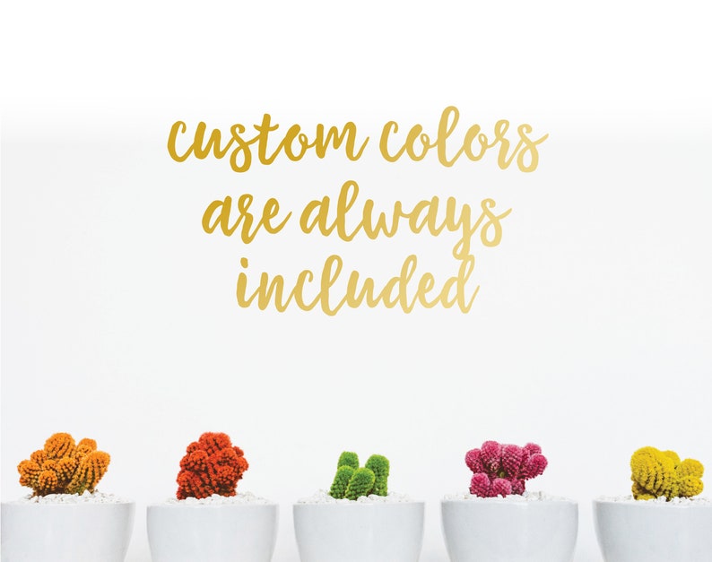 Puede incluir: Una fila de peque&ntilde;os cactus en macetas blancas, cada uno de un color diferente: naranja, rojo, verde, rosa y amarillo. El texto dorado en la parte superior dice "los colores personalizados siempre est&aacute;n incluidos".
