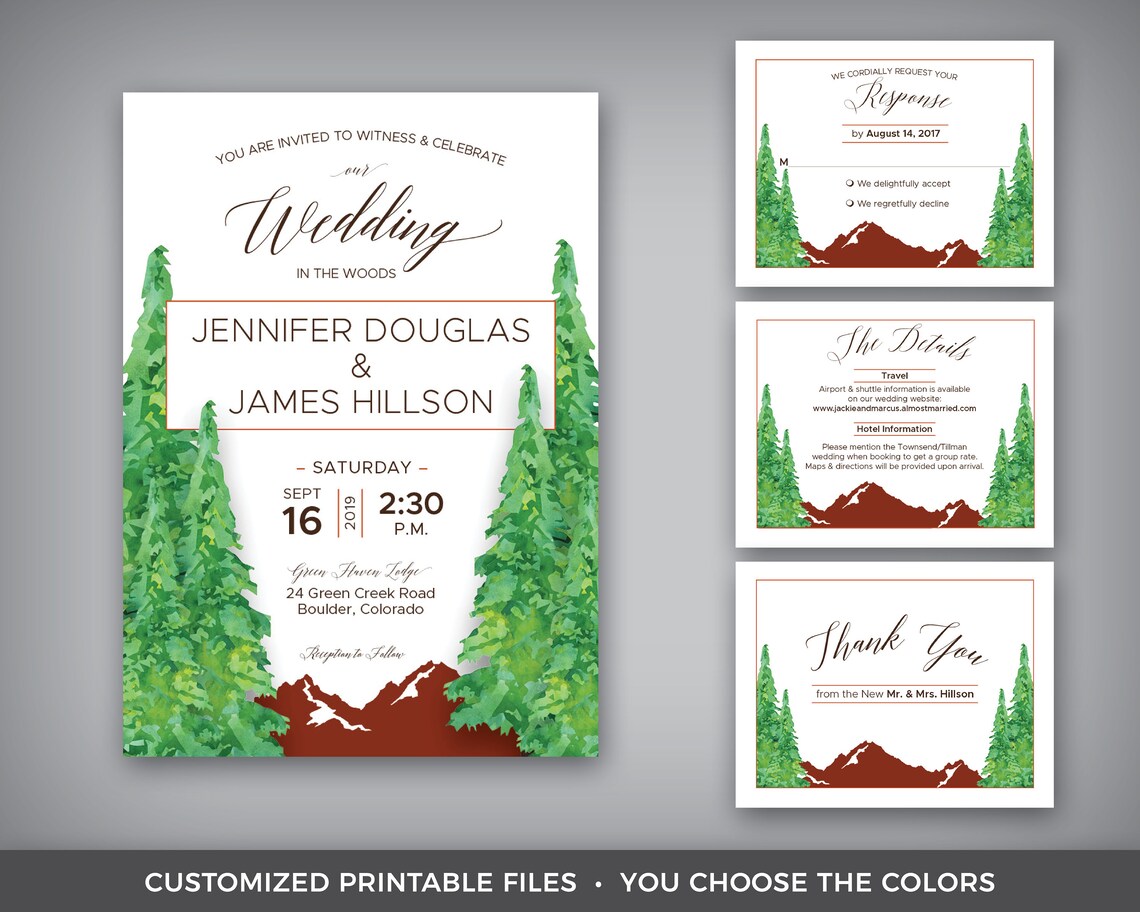 Printable Mountain Wedding Invitation Green Rust Rustic - Etsy