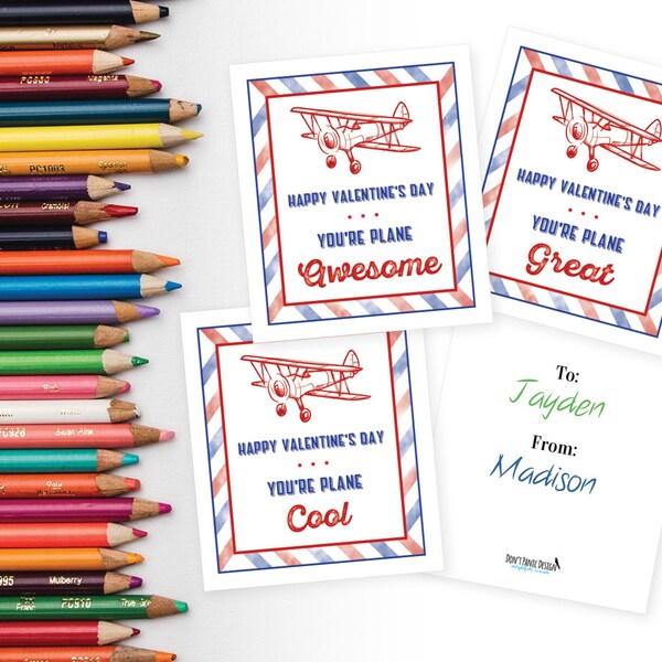 Printable Vintage Air Mail & Airplane Valentines Cards in Red and Blue for Family, School Classroom or Office