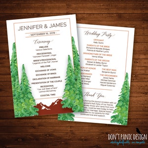 Peut inclure: Programme de mariage pour Jennifer & James, daté du 16 septembre 2019. Le design comprend des pins à l'aquarelle et une silhouette de montagne. Le programme détaille la cérémonie et la liste des invités.