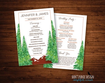 Printable Wedding Program with Mountain and Forest Tree Design in Green and Rust Red, 5" x 7" Program Card for a Mountain Wedding