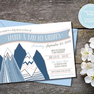 Printable Mountain Baby Shower Invitation - Adventure Baby Shower - Blue, Coral & Taupe Invitation - Boy, Girl, Gender Neutral Baby Shower