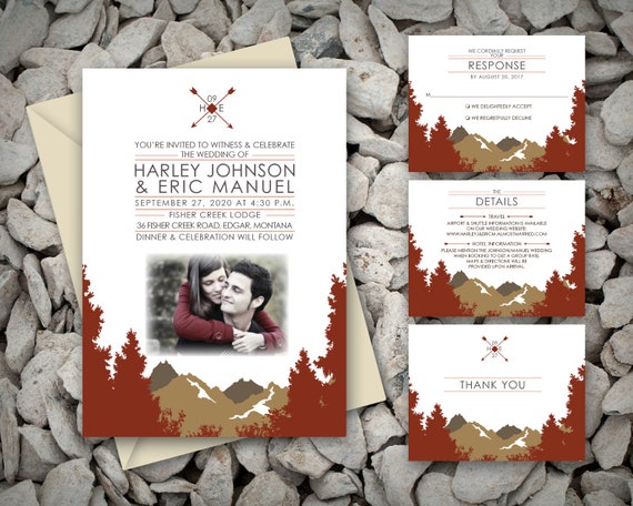 Printable Modern Mountain Wedding Invitation Brown Rust | Etsy