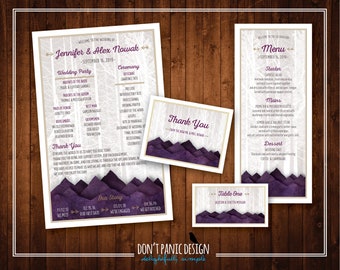 Printable Mountain & Birch Tree Forest Wedding Reception Stationery with Purple Mountain Silhouette - Program, Menu, Table Numbers