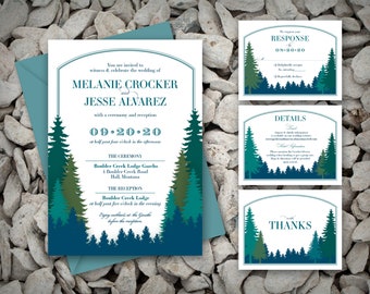 Printable Tree Silhouette Wedding Invitation - Green, Blue, Turquoise Rustic Outdoor Wedding, Nature Wedding Invitation - Custom Colors