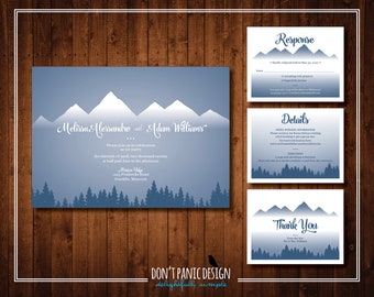 Printable Wedding Invitation Suite with Slate Blue Mountain and Tree Line Silhouette for a Nature Inspired or Outdoor Wedding Custom Colors