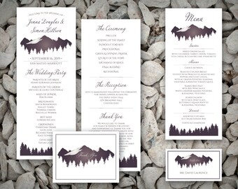 Printable Mountain Wedding Reception Stationery with Purple Mountain, Tree Silhouette - Program, Menu, Place Cards, Table Numbers, Thank You