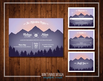Printable Wedding Invitation in Sunset Colors Purple and Coral Pink with Mountain Range and Tree Line Silhouette - Custom Colors
