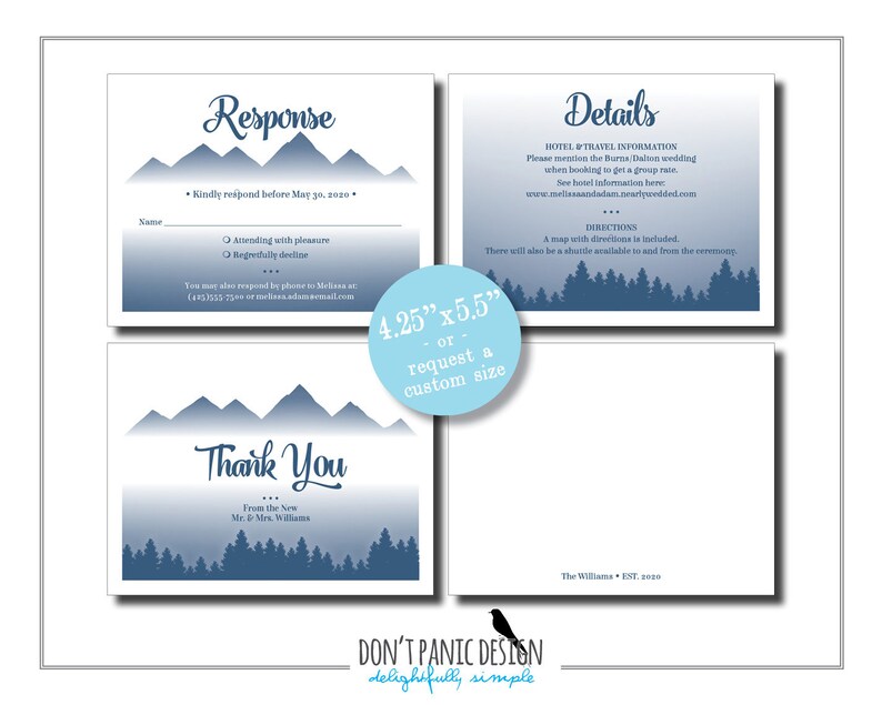 Puede incluir: Conjunto de invitaciones de boda con un tema de monta&ntilde;a y bosque. El conjunto incluye una tarjeta de respuesta, una tarjeta de detalles y una tarjeta de agradecimiento. Las tarjetas miden 10,8 cm x 14 cm y presentan una combinaci&oacute;n de colores azul y blanco. El texto incluye los nombres de la pareja y los detalles de la boda.