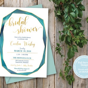 Printable Bridal Shower Invitation, Fun, Teal, Gold, Geometric Agate, Geode Invitation, Elegant Teal Green Bridal or Baby Shower invitation