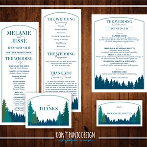 Printable Mountain & Tree Line Reception Stationery in Teal, Green and Slate Blue - Program, Menu, Place Cards, Table Numbers, Thank You