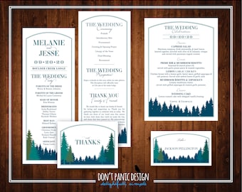 Printable Mountain & Tree Line Reception Stationery in Teal, Green and Slate Blue - Program, Menu, Place Cards, Table Numbers, Thank You