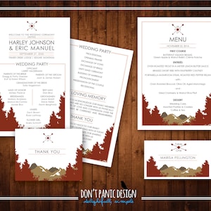 May include: A collection of wedding stationery with a rustic theme. The set includes an invitation, ceremony program, menu, thank you card, and place card. Each piece features a mountain and tree design in shades of brown and white.