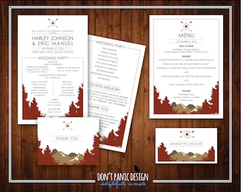 Printable Mountain & Tree Line Reception Stationery in Copper, Rust Red - Program, Menu, Place Cards, Table Numbers, Welcome Sign, Thank You