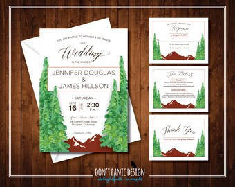 Printable Mountain Wedding Invitation - Green, Rust, Rustic Outdoor Wedding - Tree, Nature Wedding Invitation - Custom Colors