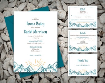 Printable, Minimalist, Rustic Mountain Wedding Invitation with gold dawning sun in Teal & Taupe for Mountain or Nature Outdoor wedding
