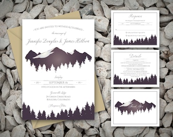 Printable Mountain Wedding Invitation Suite with Elegant Purple Mountain and Tree Silhouette for a Nature Inspired couple and wedding