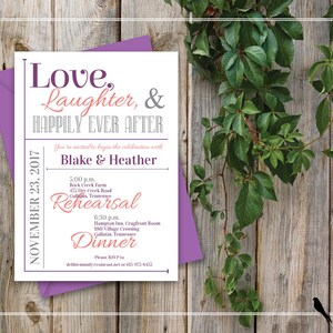 Printable Rehearsal Dinner Invitation Love, Laughter, Happily Ever After - Violet, Coral & Grey, Wedding Rehearsal Invitation - Custom Color