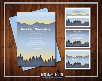 Printable Mountain Wedding Invitation - Winter Sunrise Mountain Wedding Invitation Suite - Outdoor Mountain Wedding - Custom Colors