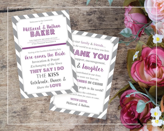 fun printable wedding program and thank you card in purple etsy