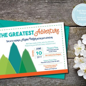 Printable Mountain Baby Shower Invitation - Adventure Blue, Green and Orange - Boy, Girl, Gender Neutral Baby Shower Invitation