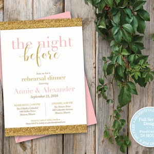 Printable Rehearsal Dinner Invitation, The Night Before Wedding Rehearsal Dinner, Pink & Gold Glitter Wedding Rehearsal Dinner Invitation